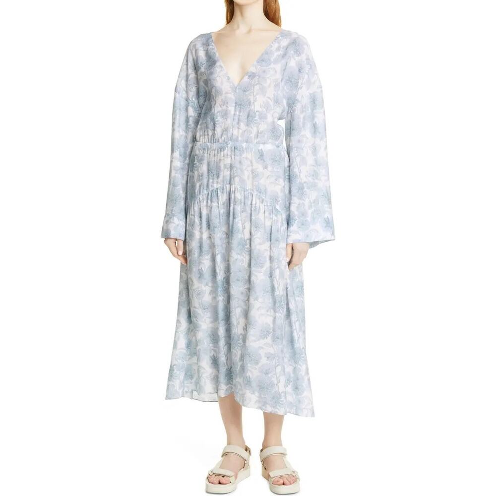 Vince Dahlia Blue White Floral Print Long Sleeve V-Neck Midi Dress Size S NWT